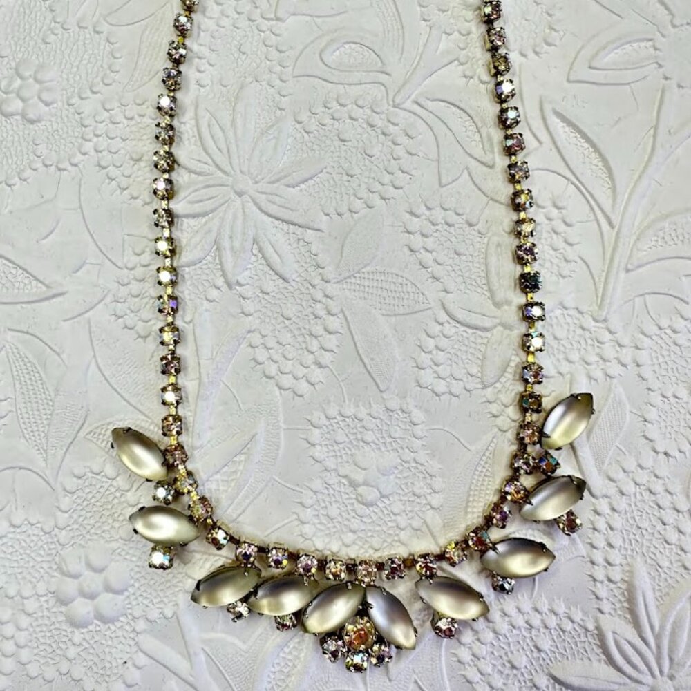 Vintage 1950s Juliana D&E Style Satin Glass Navette Rhinestone Necklace Set